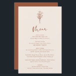 Boho Minimalist Botanicals Terracotta Menu Card<br><div class="desc">Lägg till de här minimalistmenykorten för anpassadets blommigt till händelsens tabellutrymning. Den har en modern blommigt bouquet-linje med vismisk kalligrafi. Anpassa det här snabbmenykortet genom att lägga till namn,  data och måltider. Det här terracotta-menykortet är perfekt för bröllop,  babyduschar,  möhippor,  födelsedagar och så mycket mer.</div>