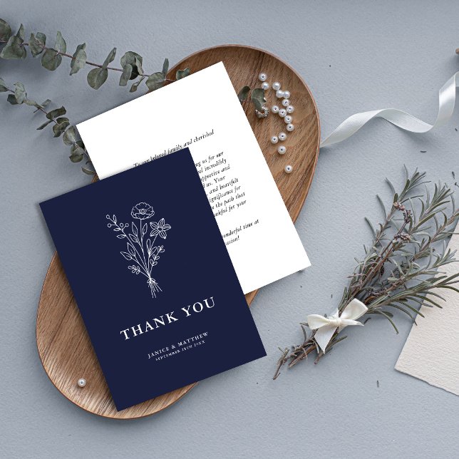 Boho minimalist botanik Navyblå Bröllop Tack Kort (Boho minimalist navy botanical thank you card adds refined charm to your wedding gratitude notes)
