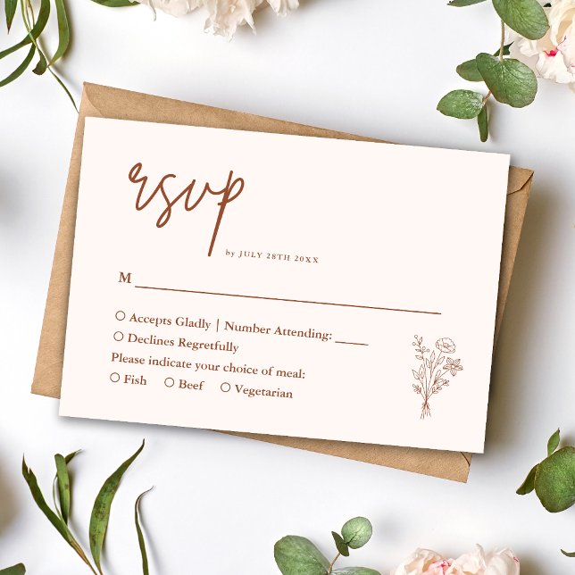 Boho minimalist botanik terrakotta bröllop OSA kort (Boho minimalist terracotta RSVP card makes responses easy with a warm personalized botanical touch)