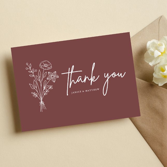 Boho minimalist Mauve bröllop tack kort (Boho minimalist mauve thank you postcard shares heartfelt gratitude with a soft personalized touch)