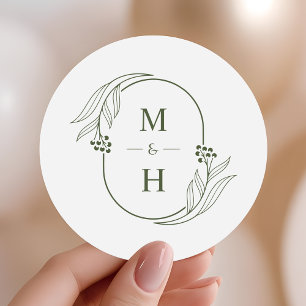 Boho minimalist monogram Olivgrön bröllop Runt Klistermärke