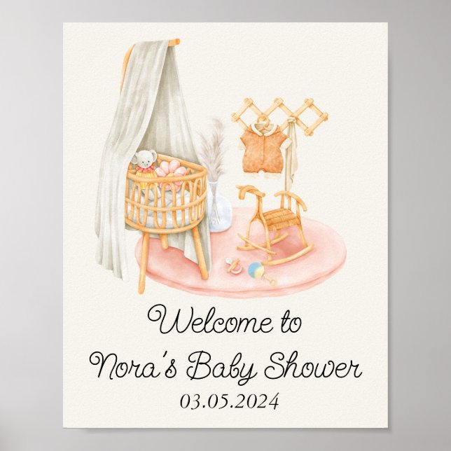 Boho Minimalist Nursery Girl Baby Shower Poster (Framsidan)