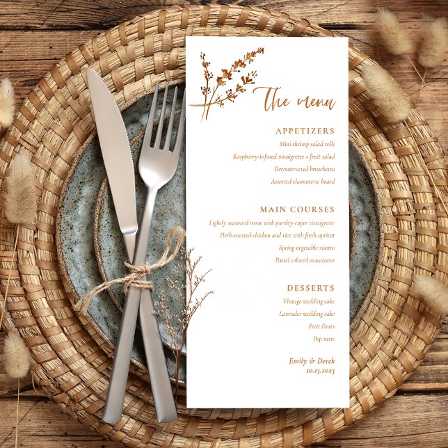 Boho Minimalist Orange Blommigt Bröllop Menu Meny (Skapare uppladdad)