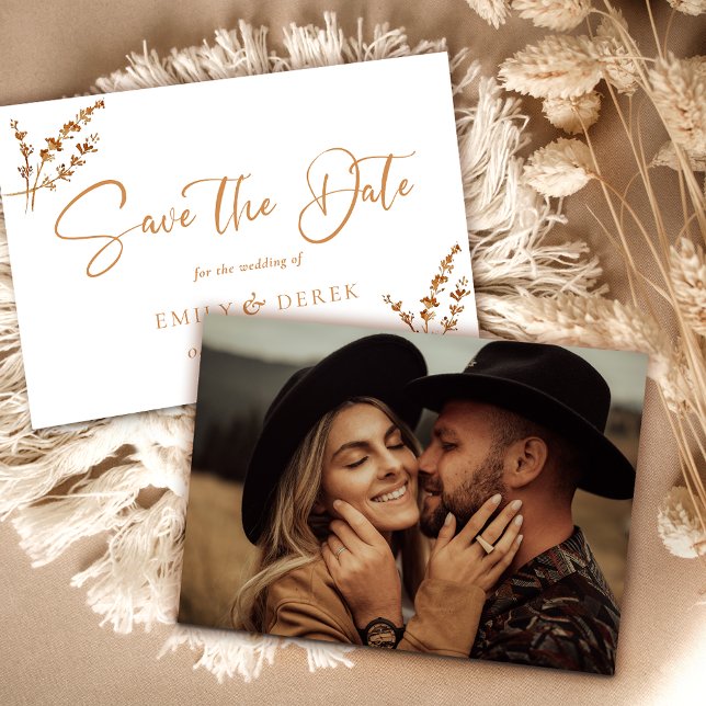 Boho Minimalist Photo Orange Blommigt Bröllop Inbjudningar (Skapare uppladdad)