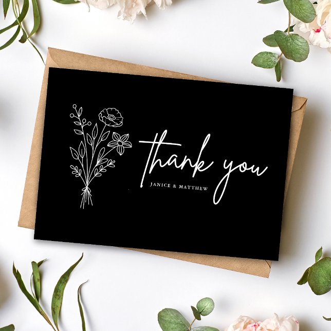 Boho minimalist svart bröllop tackkort vykort (Boho minimalist black thank you postcard shares heartfelt gratitude with a sleek personalized touch)