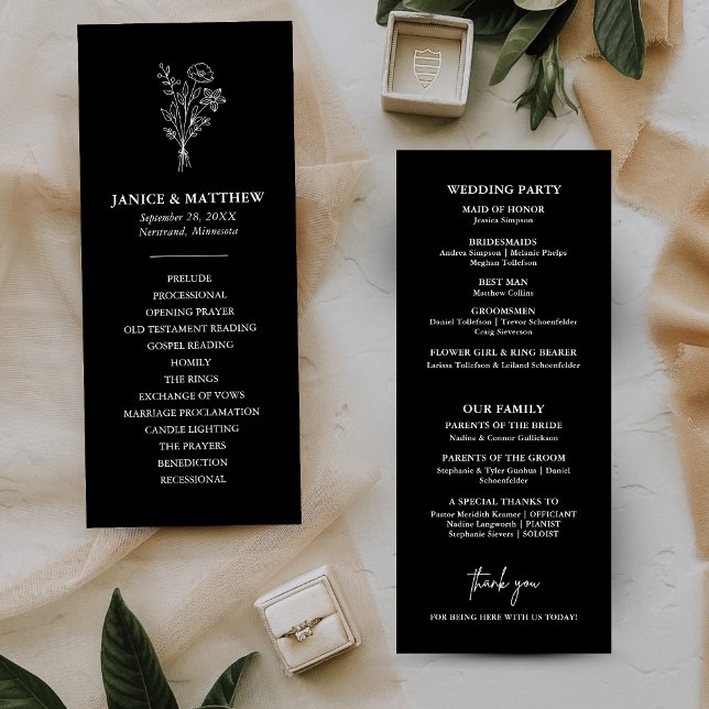 Boho minimalist svart-vit bröllopsprogram (Boho minimalist black and white wedding program keeps guests informed with a clean elegant touch)