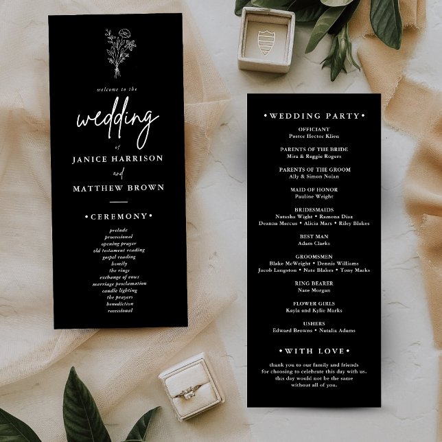 Boho minimalist svart-vit bröllopsprogram (Boho minimalist black and white wedding program guides guests clearly with a clean elegant touch)