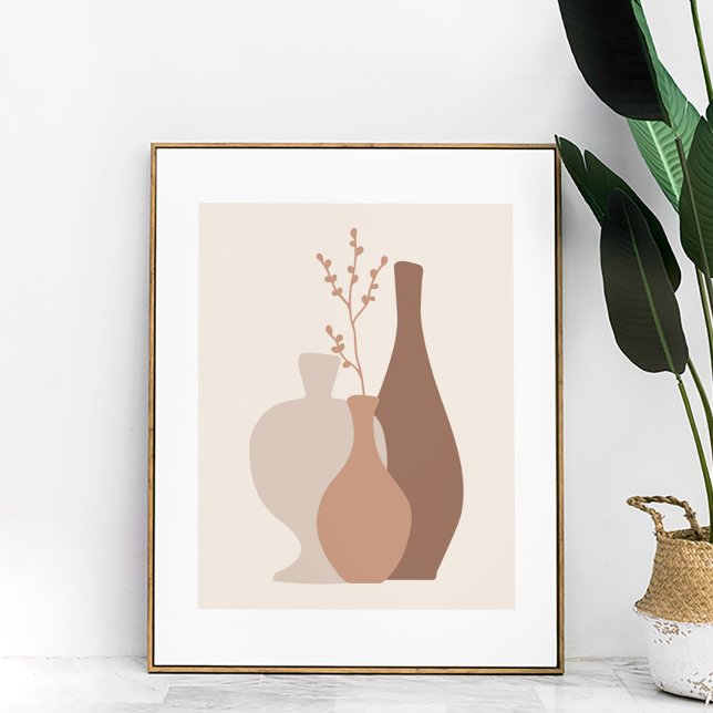 Boho Minimalist Terracotta Vas med torkad blomma Poster (Boho Minimalist Terracotta Vases with Dried Flower Poster in a frame next to a large house plant)