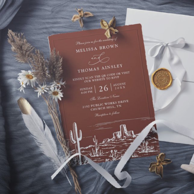 Boho Minimalist Terracotta Western QR Code Wedding Inbjudningar (Skapare uppladdad)