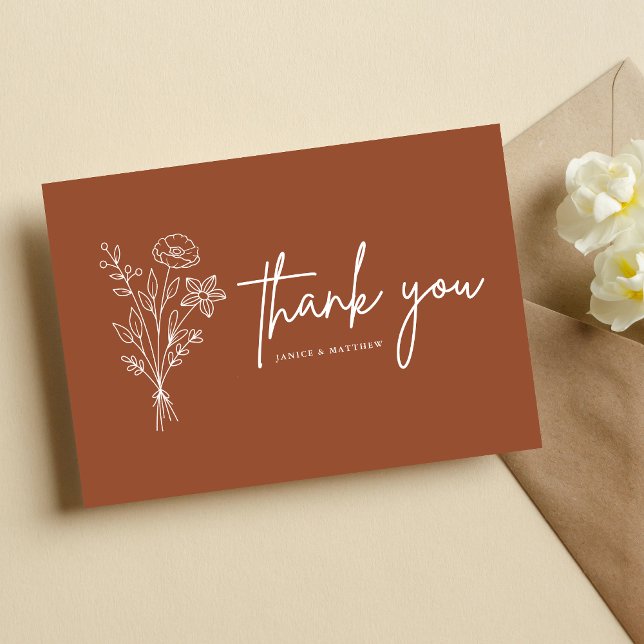 Boho minimalist terrakotta bröllak tackkort vykort (Minimalist terracotta thank you postcard shares heartfelt gratitude with a warm personalized touch)