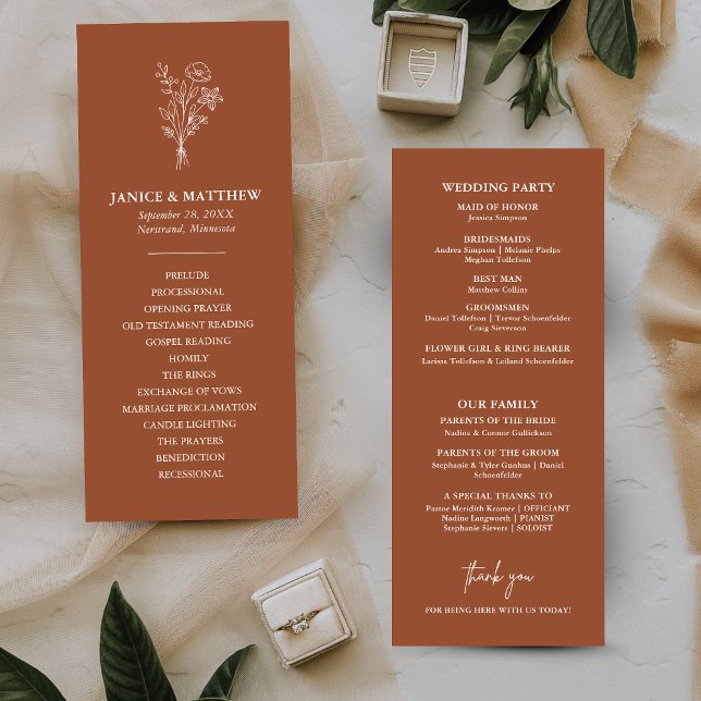 Boho minimalist terrakotta bröllopsprogram (Boho minimalist terracotta wedding program keeps guests informed with a warm personalized touch)