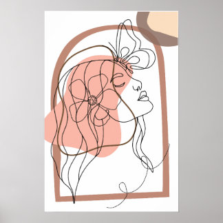Boho Minimalistic Line art, kvinna med blomma Poster