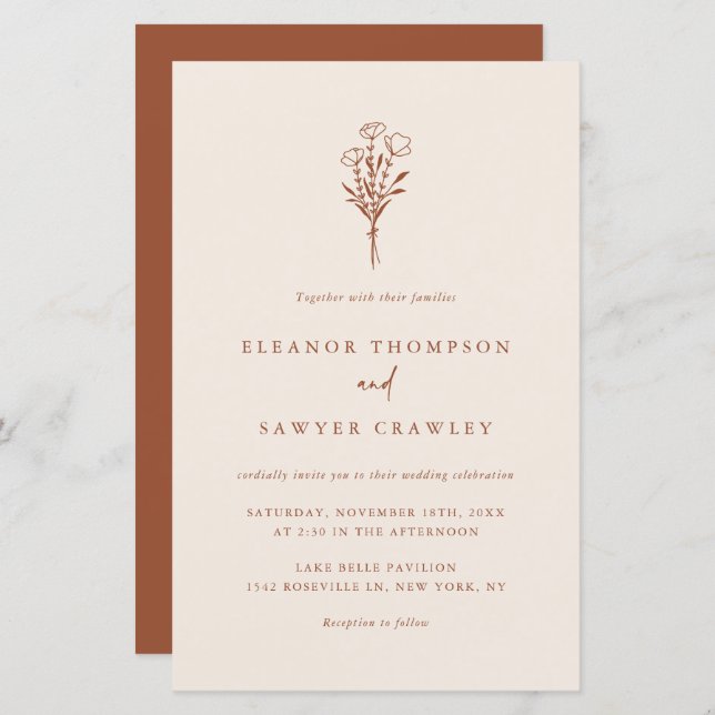Boho-minimalistisk Blommigt Terracotta Wedding bju (Fram/baksida)