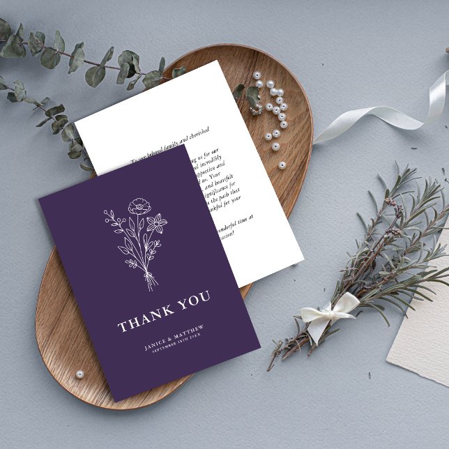 Boho minimalistisk botanik Lila Bröllop Tack Kort (Minimalist botanicals purple thank you card adds heartfelt charm to your wedding gratitude messages.)