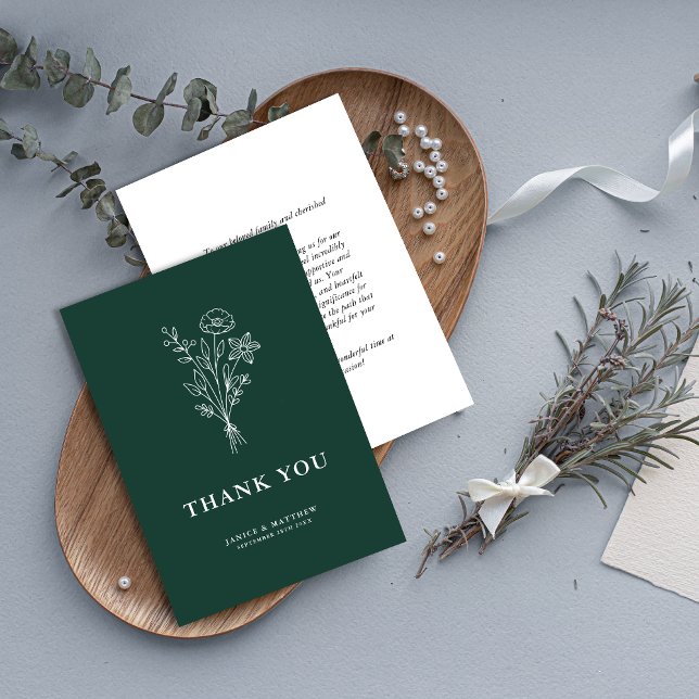 Boho minimalistisk botanik Smaragd Bröllop Tack Kort (Boho minimalist emerald botanical thank you card adds warm elegance to your wedding gratitude notes)