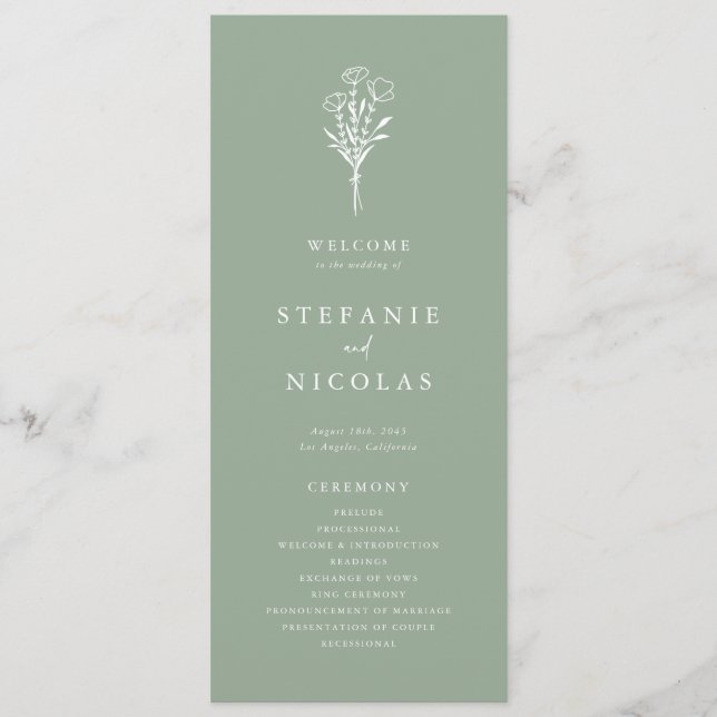Boho minimalistisk botanisk sagegrön bröllopsfest program (Framsida)