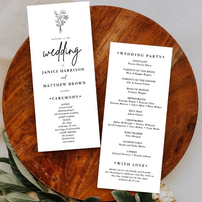 Boho Minimalistisk Enkel Elegant Bröllopsprogram (Boho minimalist elegant wedding program guides guests clearly with a refined personalized touch)
