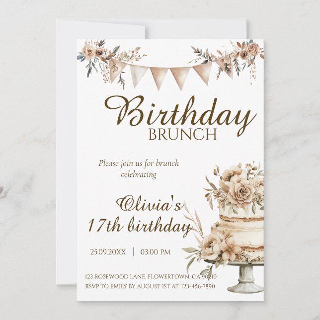 Boho minimalistisk födelsedagsinbjudan, brunch inb inbjudningar (Framsida)