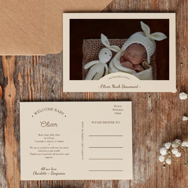 Boho Minimalistisk Foto Födelse Annonserings Postk Meddelande Vykort (Skapare uppladdad)