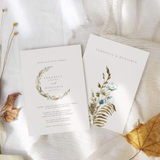 Boho Minimalistisk mumlad blå och torkad gräs Bröl Inbjudningar (Skapare uppladdad)