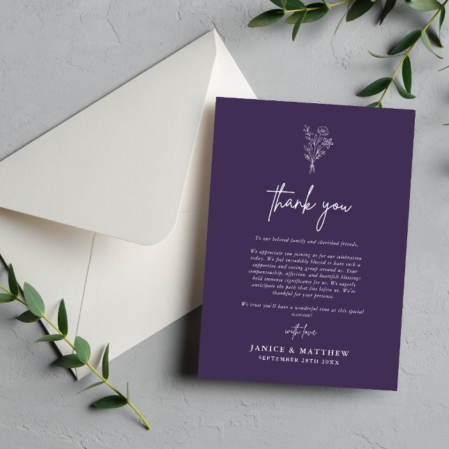 Boho minimalistiska botaniska lila höstbröllop tack kort (Minimalist purple botanical thank you card adds cozy fall elegance to your wedding gratitude notes)