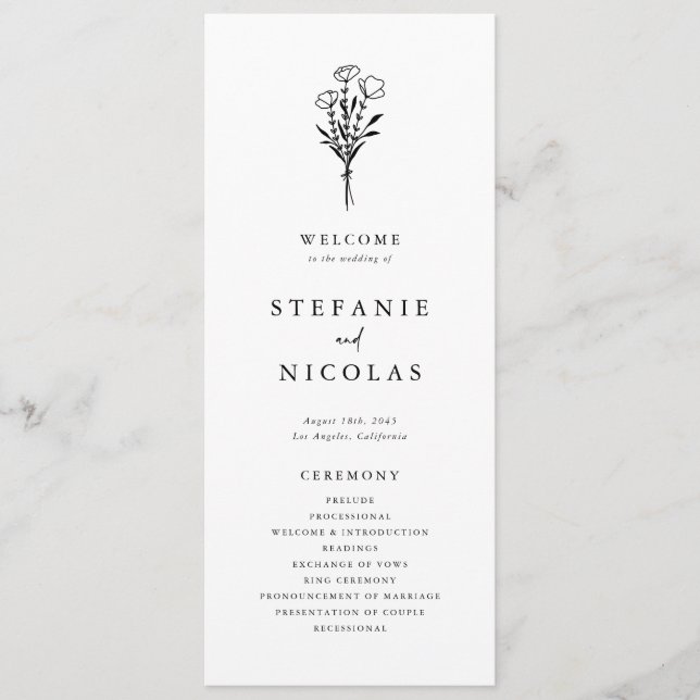 Boho minimalistiska botaniska svart-vit bröllop program (Framsida)