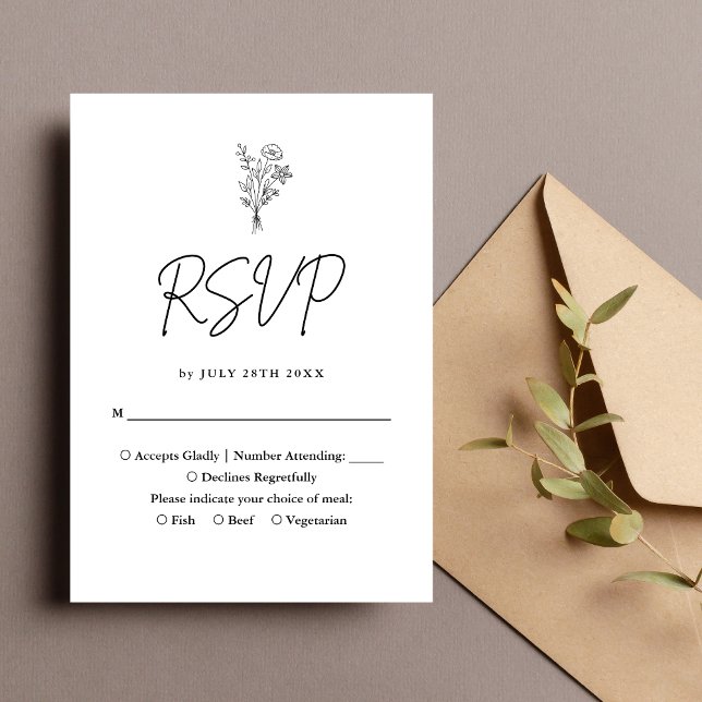 Boho Minimalistiska Botaniska Svarta Bröllop OSA Kort (Boho minimalist black botanical RSVP card adds sleek elegance to your wedding guest responses)