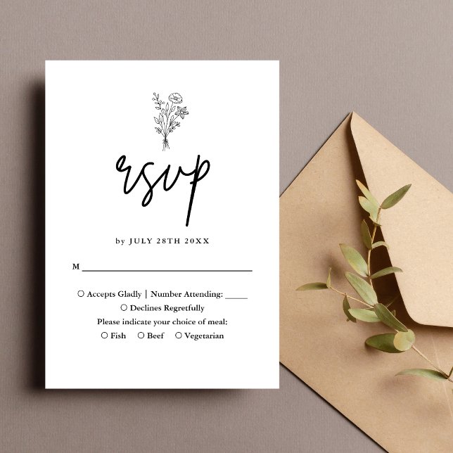 Boho Minimalistiska Botaniska Svarta Bröllop OSA Kort (Boho minimalist black botanical RSVP card adds sleek elegance for smooth wedding guest responses)