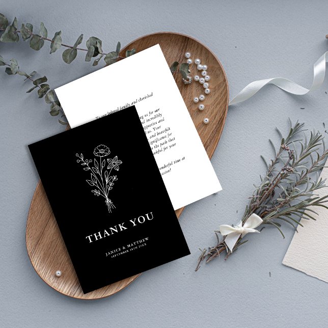 Boho Minimalistiska Botaniska Svarta Bröllop Tack Kort (Boho minimalist black botanical thank you card adds modern elegance to your wedding gratitude notes)