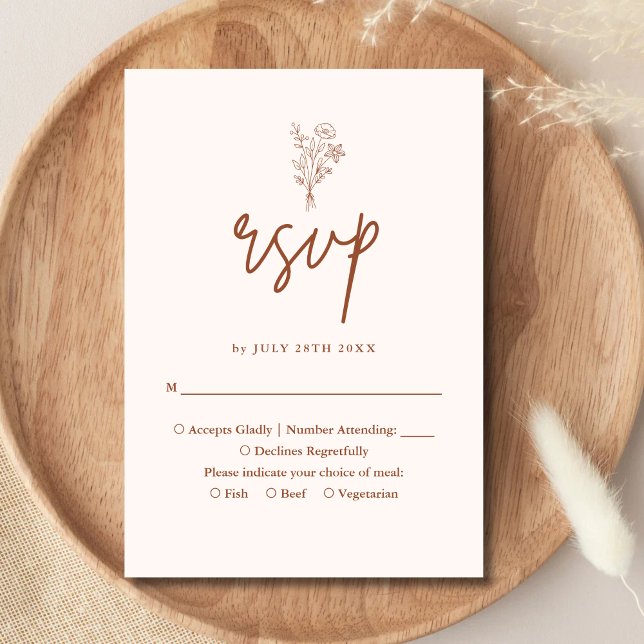 Boho Minimalistiska Botaniska Terrakotta Bröllop OSA Kort (Boho minimalist terracotta botanical RSVP card adds warm charm while simplifying guest responses)