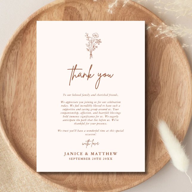 Boho minimalistiska botaniska terrakotta höstbröll tack kort (Minimalist terracotta botanical thank you card adds warm fall charm to your wedding gratitude notes)