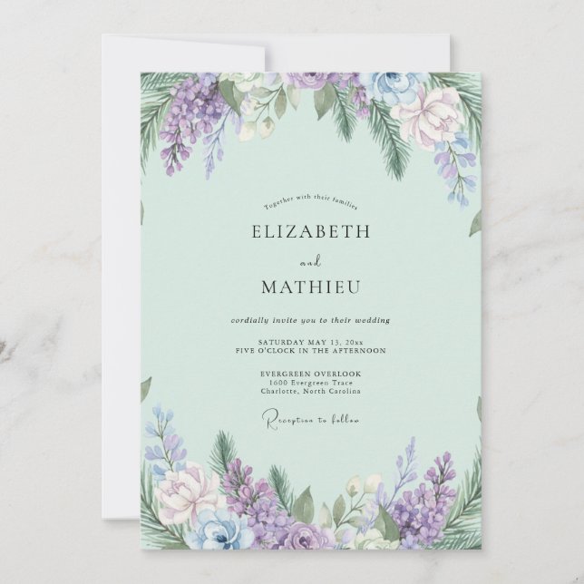 Boho Mint Amethyst Wisteria Bröllop Inbjudningar (Framsida)