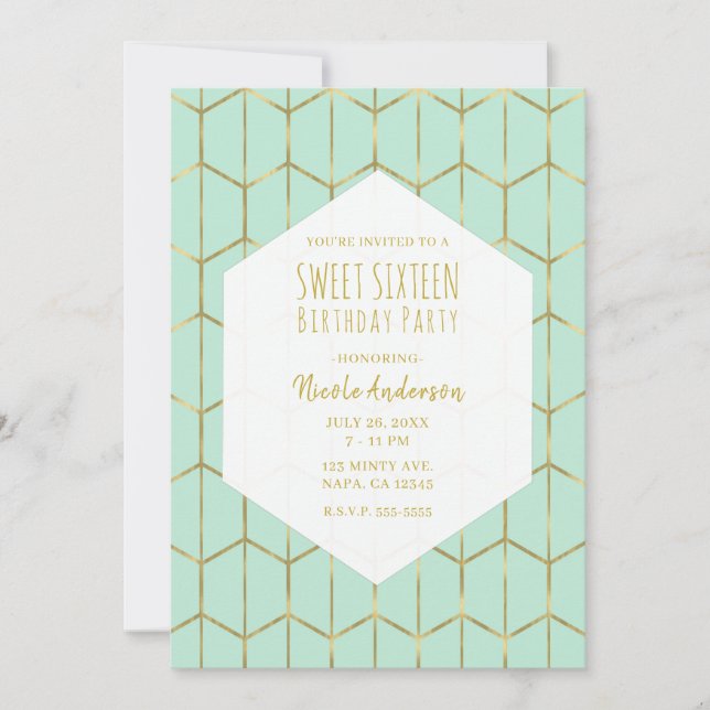 Boho Mint Grönt Hexagon Guld Geometric Sweet 16 In Inbjudningar (Framsida)