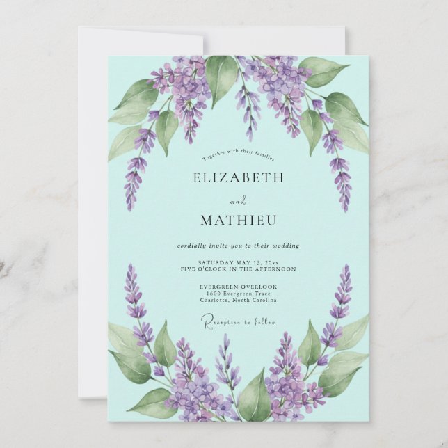 Boho Mint Lila Wisteria Bröllop Inbjudningar (Framsida)