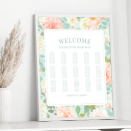 Boho Mint Rosa Peony Flower Bröllop Seatdiagram Poster