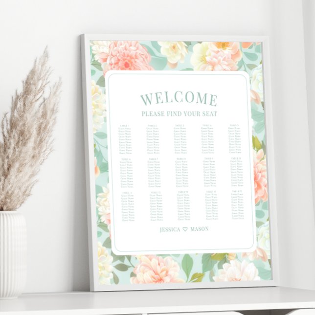 Boho Mint Rosa Peony Flower Bröllop Seatdiagram Poster (Skapare uppladdad)