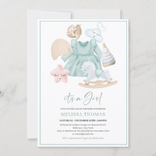 Boho mint-tjejen klär leksak rosa-regnbåge inbjudningar