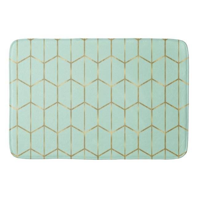 Boho Mintgrön Hexagon Guld & Geometrisk Glamour Badrumsmatta (Framsidan)