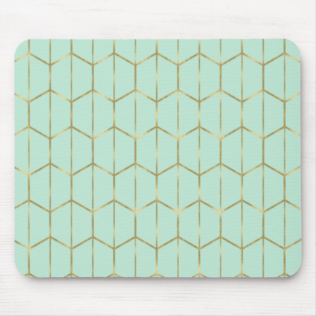 Boho Mintgrön Hexagon Guld & Geometrisk Glamour Musmatta (Framsidan)