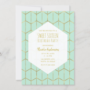 Boho Mintgrön Hexagon Guld Geometrisk Sweet 16 In Inbjudningar