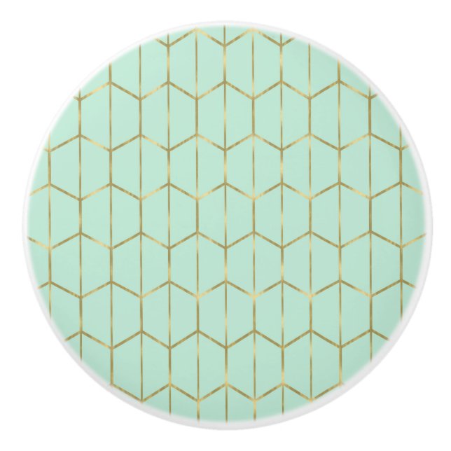 Boho Mintgrön Sexkantig Guld & Geometrisk Glam Knopp (Framsidan)