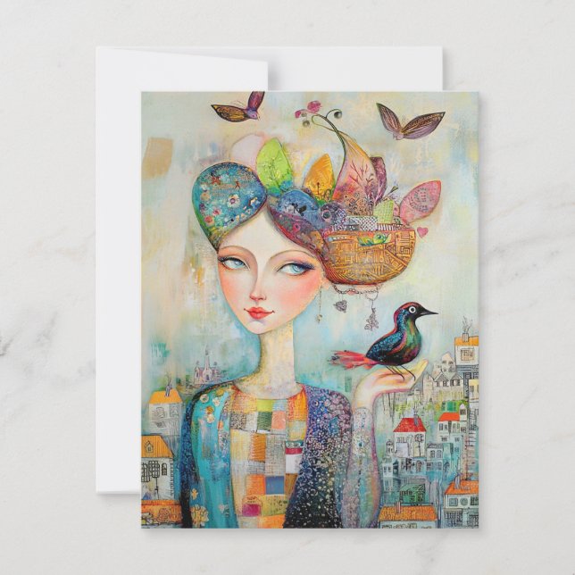 Boho Mixed Media Girl and Bird in Village Card Tack Kort (Framsida)