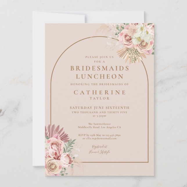Boho Mjuk Rosa Pampasgräs Brudtärna Lunch  Inbjudningar (Framsida)