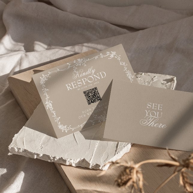 Boho Mjuk Taupe Blommig QR-kod Botanisk Bröllop OSA Kort (Skapare uppladdad)