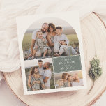 Boho Modern 4 Photo Collage Arch julbudget<br><div class="desc">Få dina julkort att framstå med den här minimala boho-designen, med en bågformad fotokollage med tre av dina favoritfoton och en anpassningsbar hälsning. På en grönt markeras namn i elegantens handskrivna skriptcalligrafi. Baksidan har ett fjärde liggande foto med plats för ett personligt meddelande, perfekt för en årlig recap eller helgdag...</div>