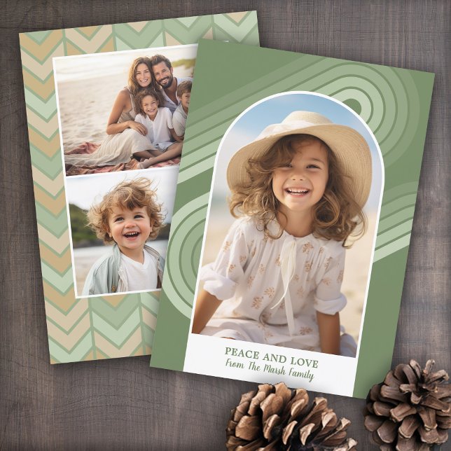 Boho Modern Arch Curvy Line och Geometric 3 Photo Julkort (Soft, retro pastel holiday card with boho stripes and 3 photos.)