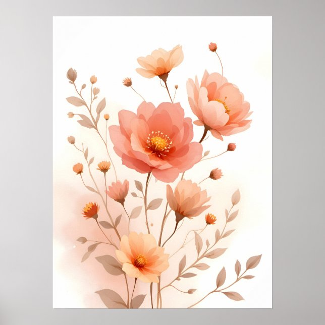 Boho Modern Art. Soft Peach Blommigt Watercolor Poster (Framsidan)