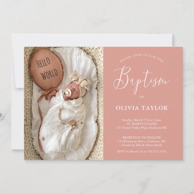 Boho Modern Baby  Rosa Dusty Ro Baptism Inbjudningar (Framsida)