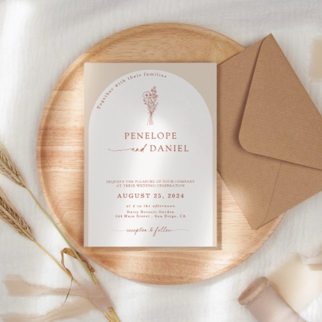 Boho Modern Beige Terrakotta Script Bröllopsbåge Inbjudningar (Skapare uppladdad)