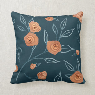 BOHO Modern Blommigt Watercolor Navy Blue Terracot Kudde